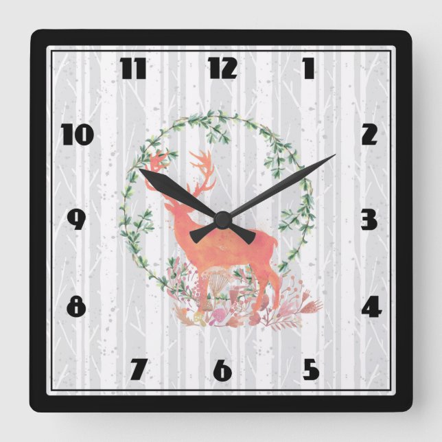 Relógio Quadrado Rustic Reindeer Boho Watercolor (Frente)