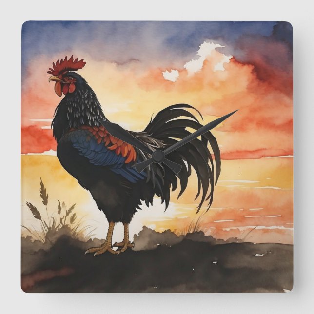 Relógio Quadrado Rustic Rooster Sunrise (Frente)