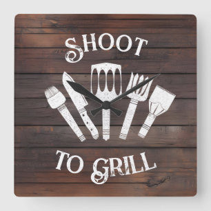 Relógio Quadrado Rustic "Shoot To Grill" - Presente De CHURRASCO En
