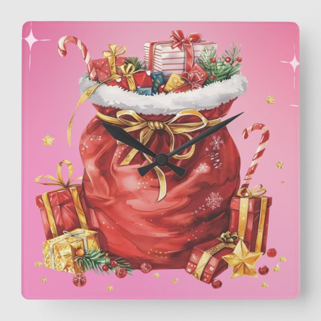 Relógio Quadrado Saco Festivo de Presente de Natal com Presentes (Frente)