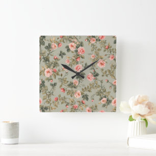 Relógio Quadrado Sage Verde Floral Maximalista Retro