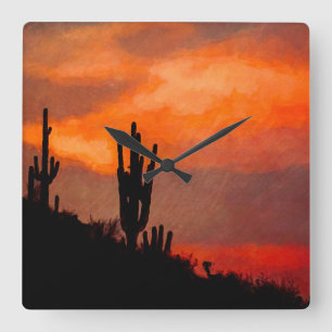 Relógio Quadrado Saguaro Cactus Silhout Arizona Red Sunset