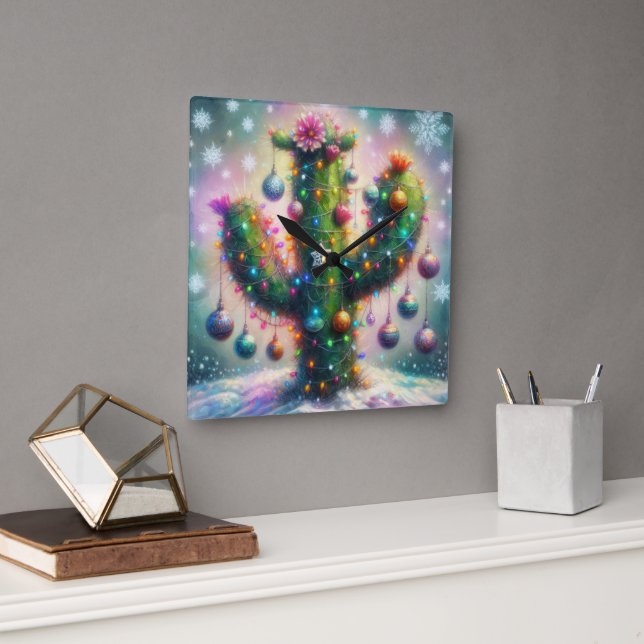 Relógio Quadrado Saguaro Cactus Whimsical Snowflakes de Natal (Escritório)