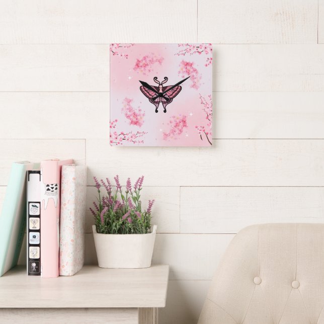 Relógio Quadrado Sakura Bliss, Pink Moth, Sakura Fundo (Sala de leitura)