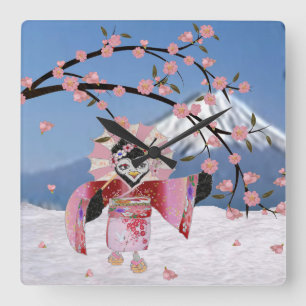 Relógio Quadrado Sakura Geisha Bird no Snow Cherry Blossoms