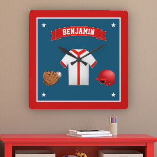 Relógio Quadrado Sala de Crianças de Jogador de Beisebol Bonito