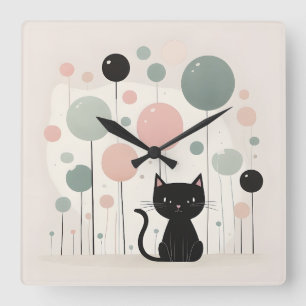 Relógio Quadrado Sala de Crianças Negras de Gato Negro Minimalista