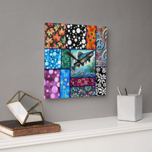 Relógio Quadrado Salmão Crazy Quilt Floral Caprichoso Colorido