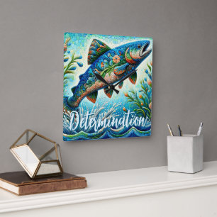 Relógio Quadrado Salmão Saltando Mosaico Floral Azul Personalizado