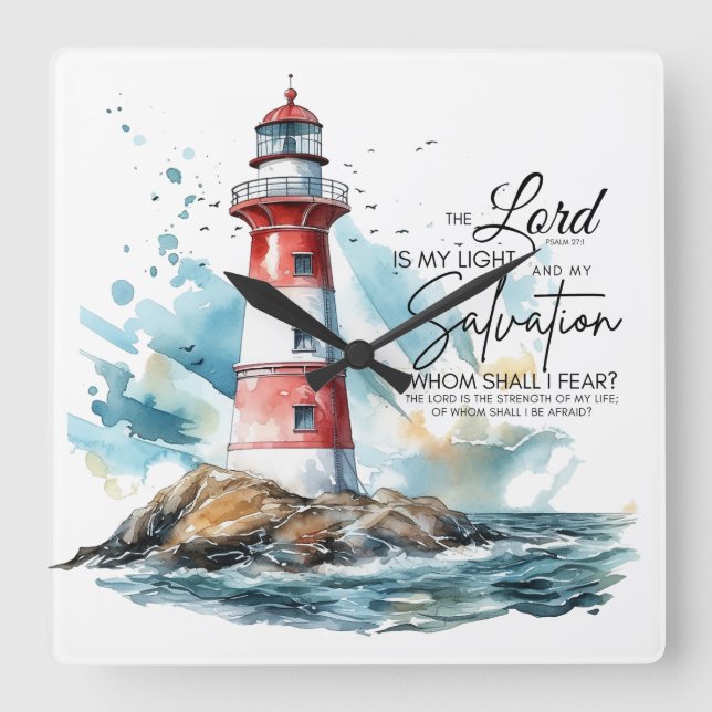 Relógio Quadrado Salmo 27:1 Bíblia LORD é minha Luz e Salvação (Frente)