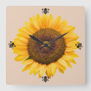 Relógio Quadrado Salva de Sunflower Bee Peachy Wall Clock