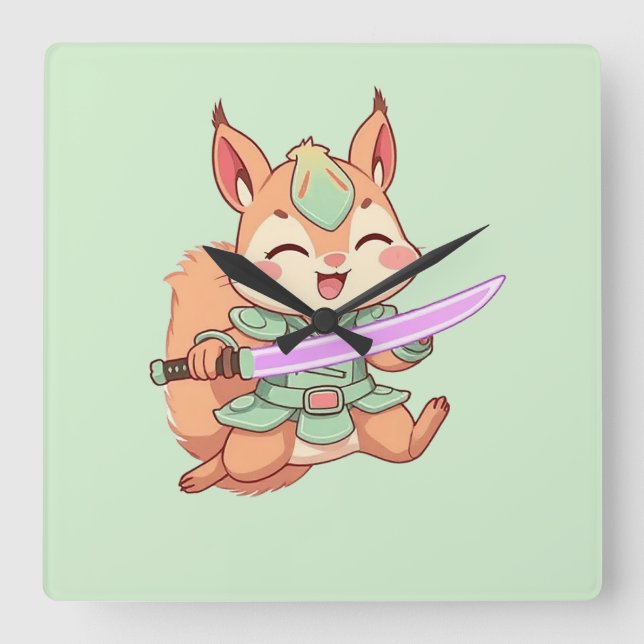 Relógio Quadrado Samurai Esquilo Kawaii. (Frente)
