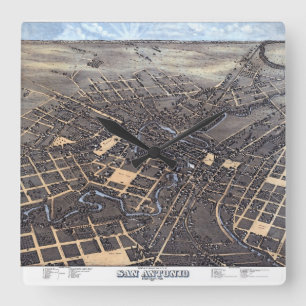 Relógio Quadrado San Antonio, Texas, Mapa Aéreo Antigo da Cidade, 1