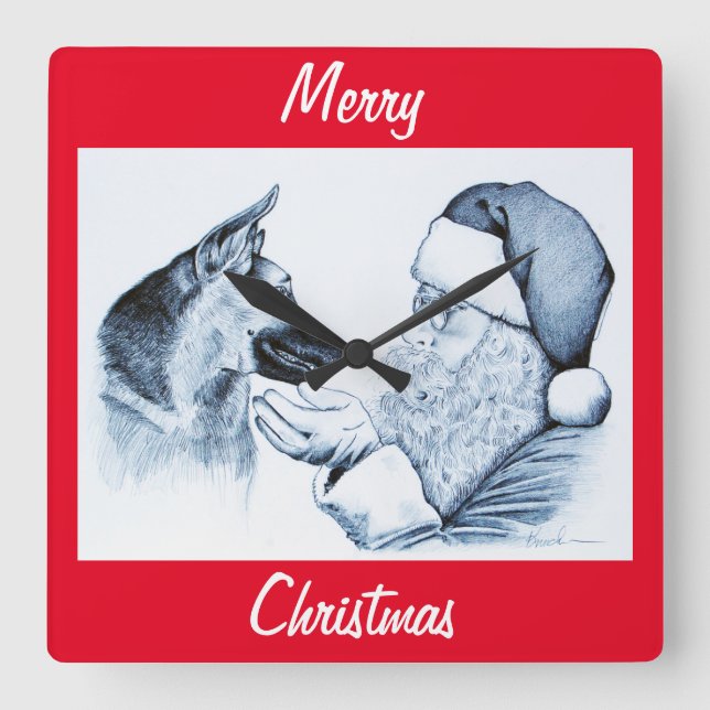 Relógio Quadrado Santa Claus e Germans Shepherd (Frente)