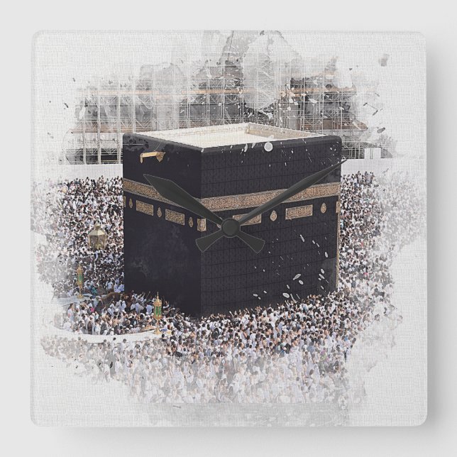 Relógio Quadrado Santo Kaaba, Masjid Al Haram, ilustração da aquare (Frente)