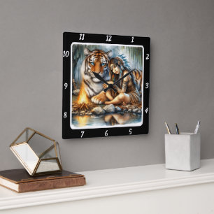 Relógio Quadrado Santuário Nativo: Gaze do Tigre de Fluxo do Rio