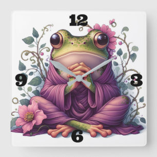 Relógio Quadrado Sapo Fofo com Flores