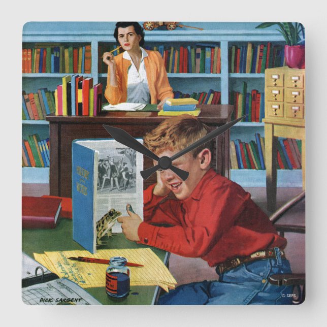 Relógio Quadrado Sapo na Biblioteca (Frente)