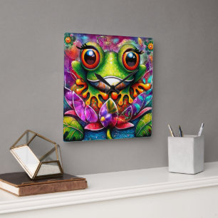 Relógio Quadrado Sapo Whimsic Pintura De Abstrato Floral Verde
