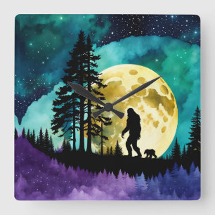Relógio Quadrado Sasquatch e Urso na montanha