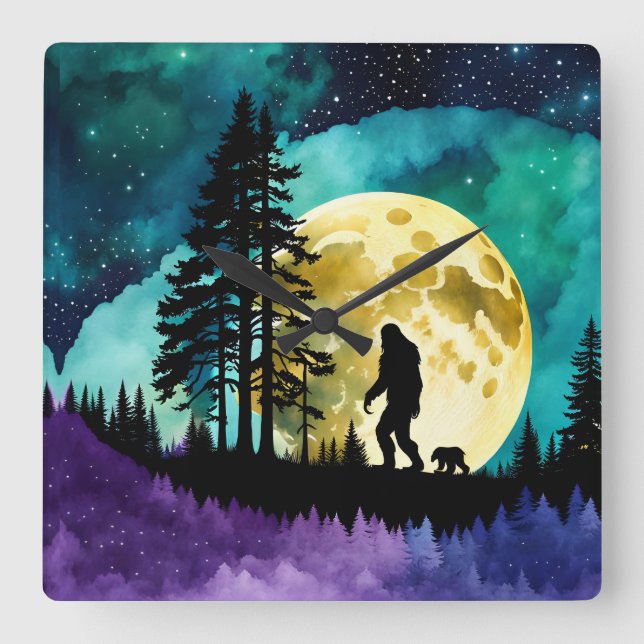 Relógio Quadrado Sasquatch e Urso na montanha (Frente)