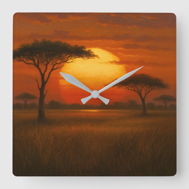Relógio Quadrado Savana Africana - Estilo de Ilustração Cênica (Frente)