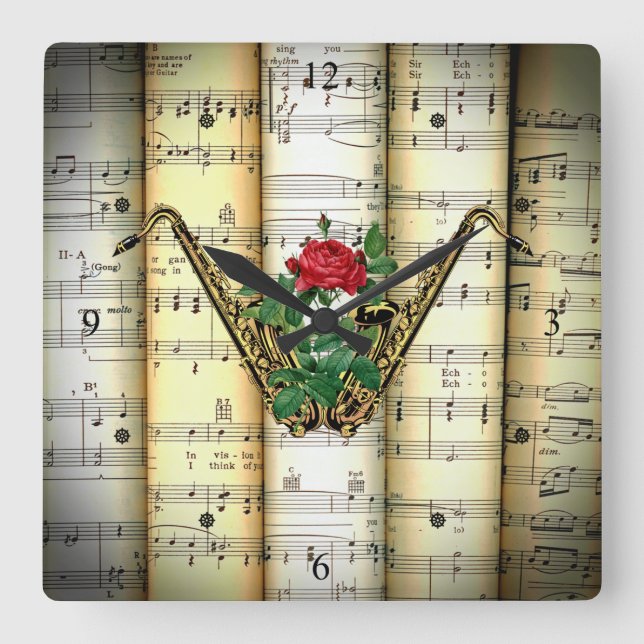 Relógio Quadrado Saxofone & Rosa ~ Roll Sheet Music ~ (Frente)