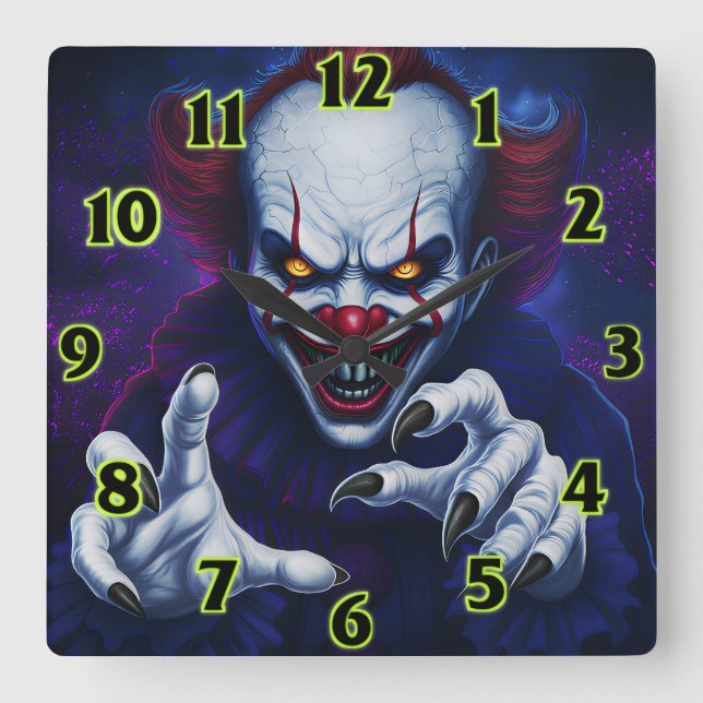 Relógio Quadrado Scary Clown  Square Wall Clock (Frente)