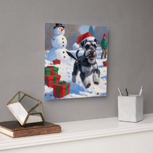 Relógio Quadrado Schnauzer Correndo na Neve com Chapéu de Natal