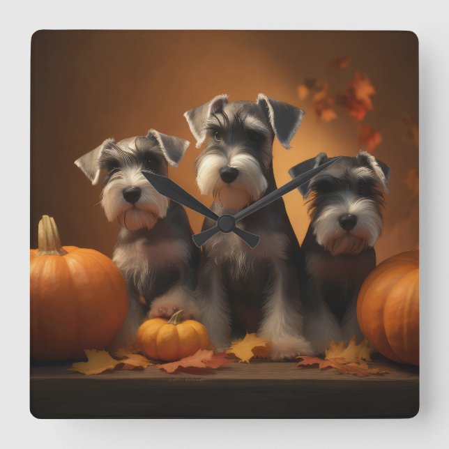 Relógio Quadrado Schnauzer Puppy Autumn Delight Pumpkin (Frente)