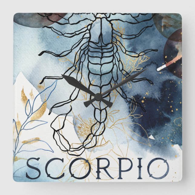 Relógio Quadrado Scorpio blue gold flowers planets zodiac astrology (Frente)