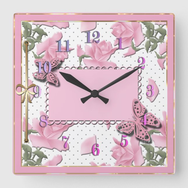 Relógio Quadrado Scrapbooking a rosa (Frente)
