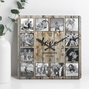 Relógio Quadrado Script de Amor de Farmhouse Rustic Farmhouse da Fa