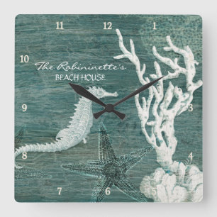 Relógio Quadrado Seacavalo Beach House Teal Blue Driftwood Coaster