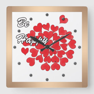 Relógio Quadrado Seja feliz, elegante, amor, coração vermelho
