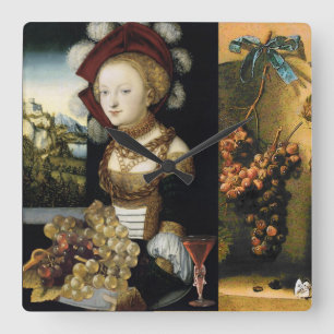 RELÓGIO QUADRADO SENHORA, UVAS, PROVANDO DE VINHO DE VINHO DE UVAS 