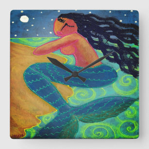 Relógio Quadrado Sereia ao Luar Arte Abstrata
