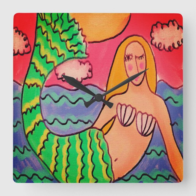 Relógio Quadrado Sereia de Abstrato Funky (Frente)