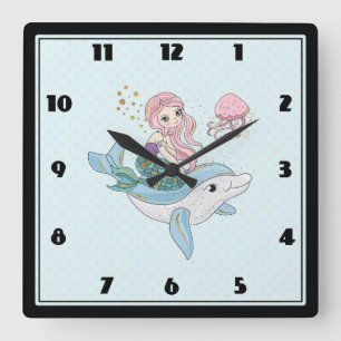 Relógio Quadrado Sereia Fofa Andando um Golfinho Sob o Mar