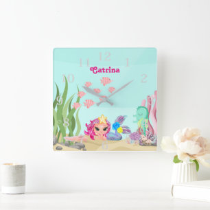 Relógio Quadrado Sereia Personalizada e Axolotl
