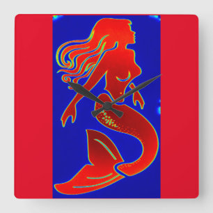 Relógio Quadrado sereia vermelha do pino-acima