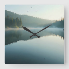Relógio Quadrado Serene Misty Lake Forest Morning Reflection