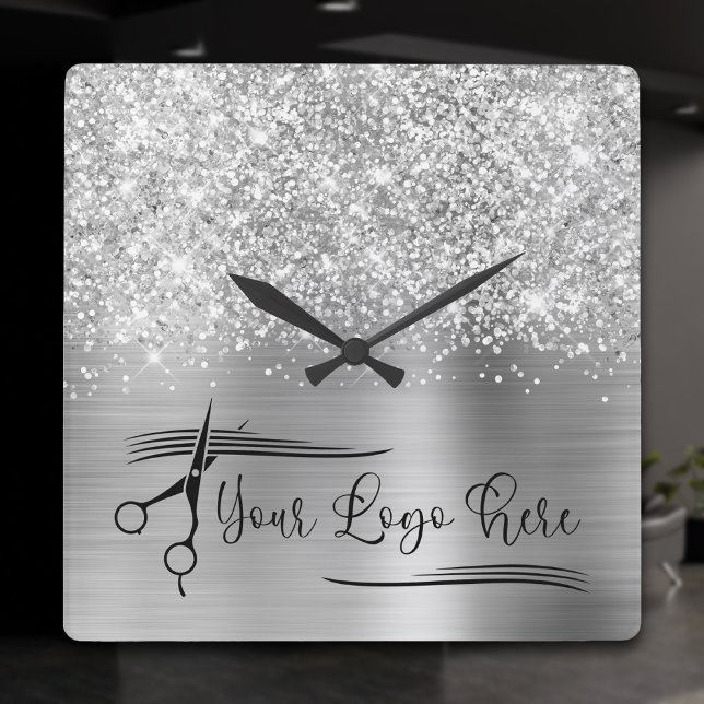 Relógio Quadrado Seu Logotipo Brilhante Prata Glam (Your Logo Glittery Silver Glam Square Wall Clock)