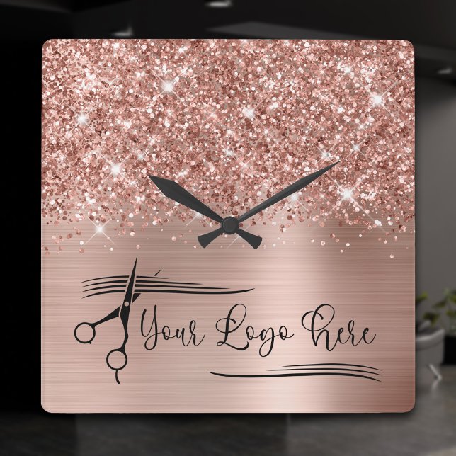 Relógio Quadrado Seu Logotipo Brilhante Rosa Dourado Glam (Rose Gold Glitter and Foil Logo Square Wall Clock)