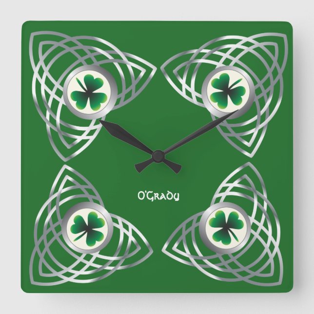 Relógio Quadrado Shamrock e nó celta (Frente)