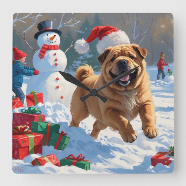 Relógio Quadrado Shar Pei correndo em neve com chapéu de Natal (Frente)