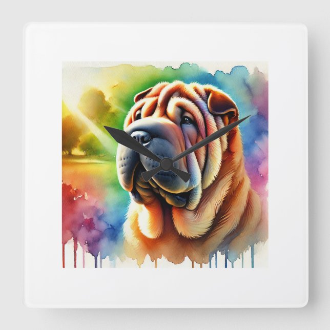 Relógio Quadrado Shar Pei Elegance 280824AREF102 - Watercolor (Frente)