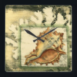 Relógio Quadrado Shell de Conch Silhout<br><div class="desc">Fique relaxado com este pedaço de arte contemporânea de Jennifer Goldberger. Sua coleção de arte de concha é relaxante e inspiradora. Esta peça de arte foca numa grande concha cercada por recifes de coral verde. Consiga esta bela arte oceânica hoje com uma sensação de silhueta no seu próximo produto.</div>