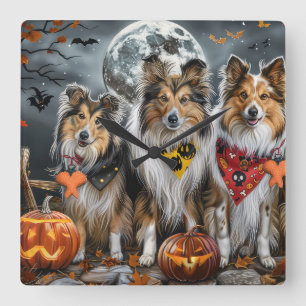 Relógio Quadrado Shetland Sheepdog Halloween Assustador 