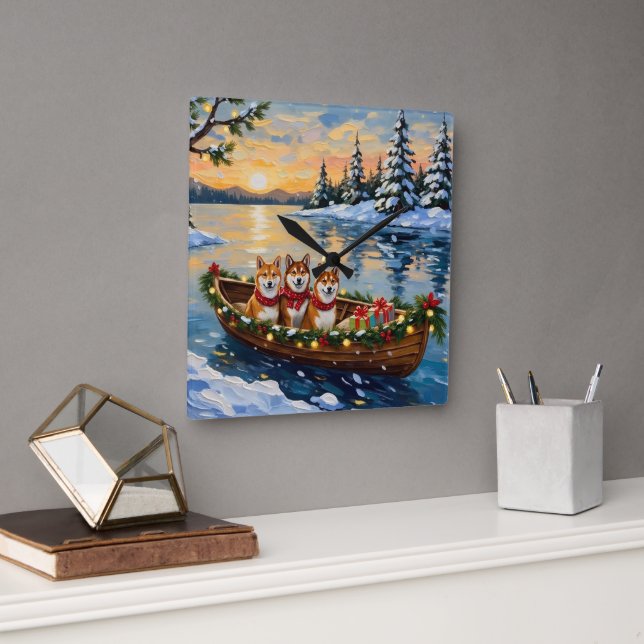 Relógio Quadrado Shiba Inu Christmas Boat Holiday (Escritório)